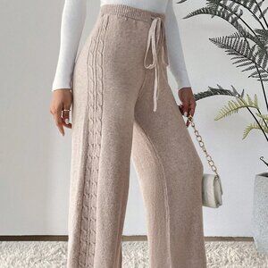 Khaki Casual Womens Drawstring Waist Wide Leg Knit Pants